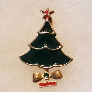 1.5" Gold Tone & Green/Red Enamel O' Christmas Tree Brooch